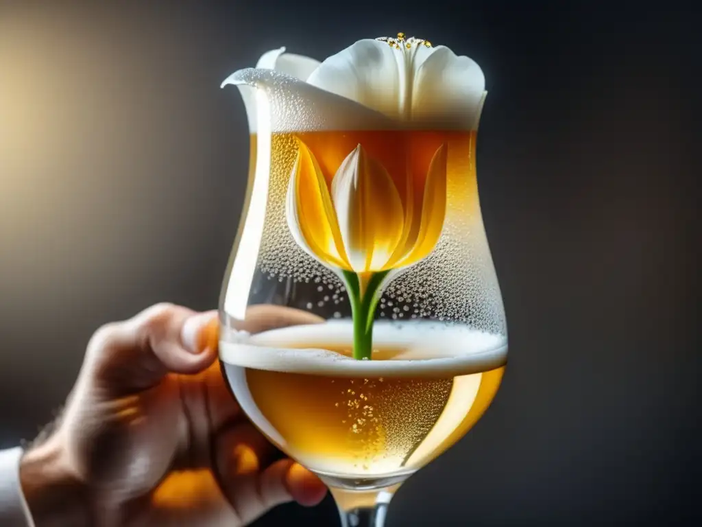 Beer sommelier sostiene copa de cerveza dorada, con espuma blanca y burbujas