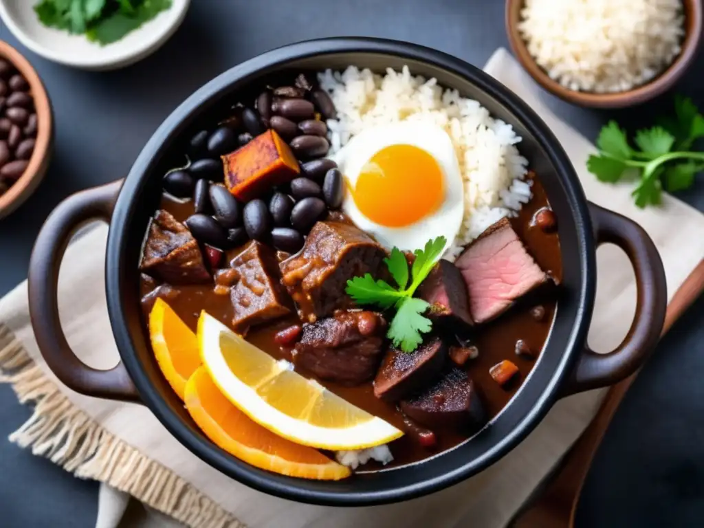 Imagen ultradetallada de una feijoada brasileña tradicional, un rico y sabroso guiso de frijoles negros servido en una olla de barro