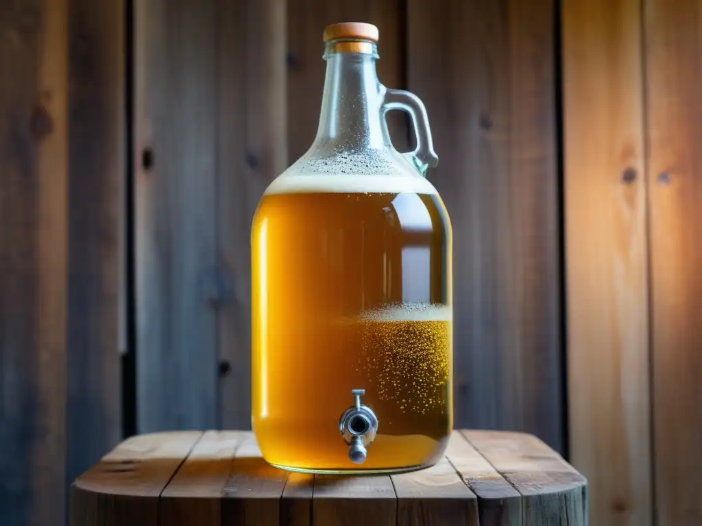 Saisons y Fermentos: Carboy dorado con burbujas y levadura, proceso de fermentación elegante