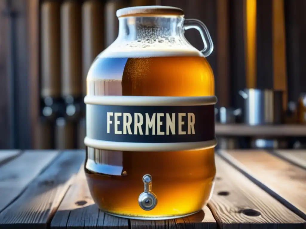 Fermentación de cerveza en carboy de vidrio, detalles burbujas y espuma, equipo de homebrewing influencia