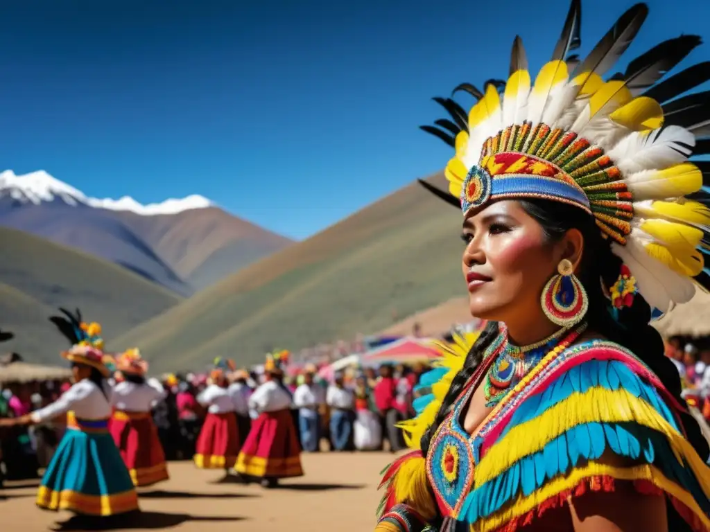 Festival tradicional boliviano con colores vibrantes y trajes elaborados de danza paceña