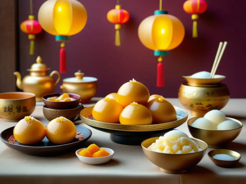 Escena festiva de China Antigua: mesa decorada con sorbete de cebada y miel, trajes tradicionales, conversaciones animadas y faroles coloridos