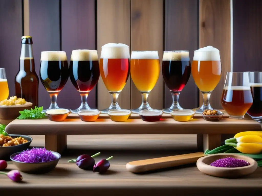 Tesoros del Homebrewing: Escena vibrante y colorida de un festival de cerveza con comida deliciosa, cervezas sour y presentación elegante