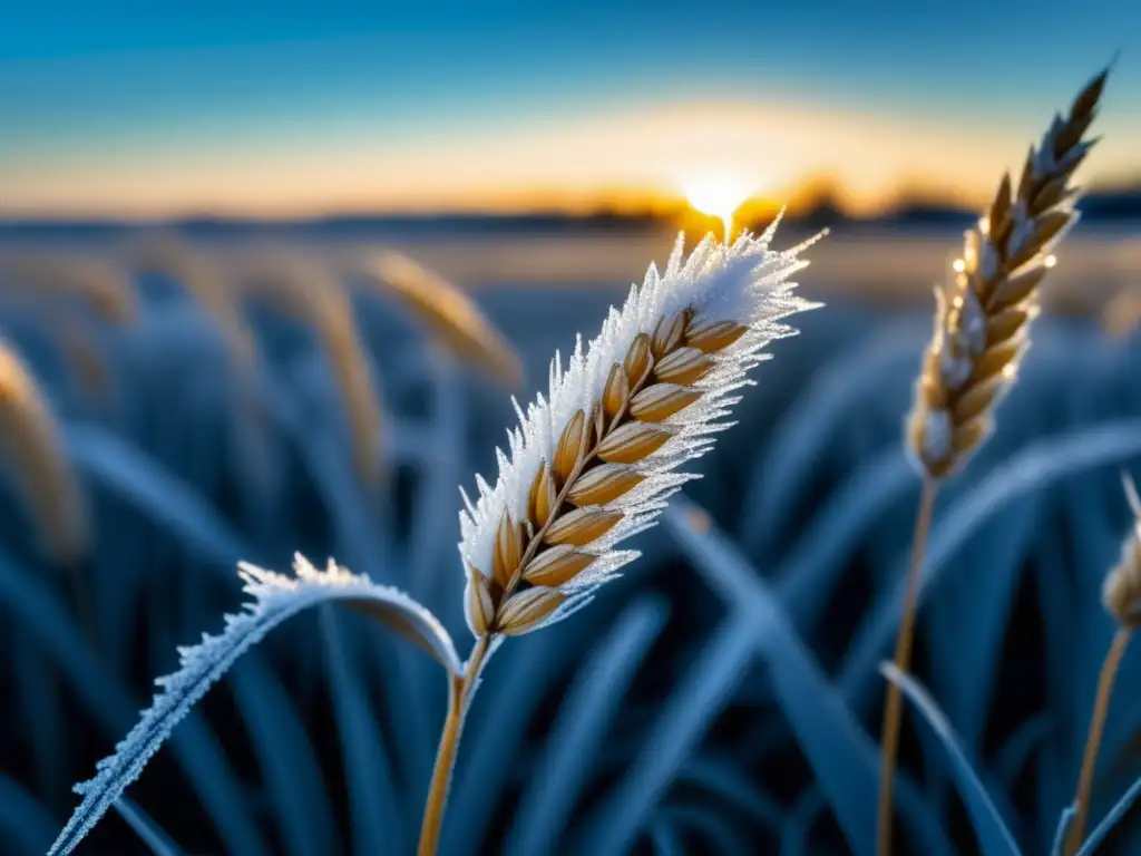 Campo de trigo con escarcha al amanecer, resaltando la fusión armoniosa de trigo y lúpulo en Wheat IPA