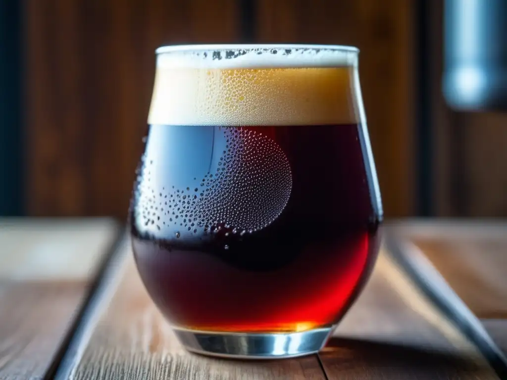 Vaso de Flanders Red Ale: cerveza roja rubí con condensación, burbujas y matices vibrantes en una mesa de madera