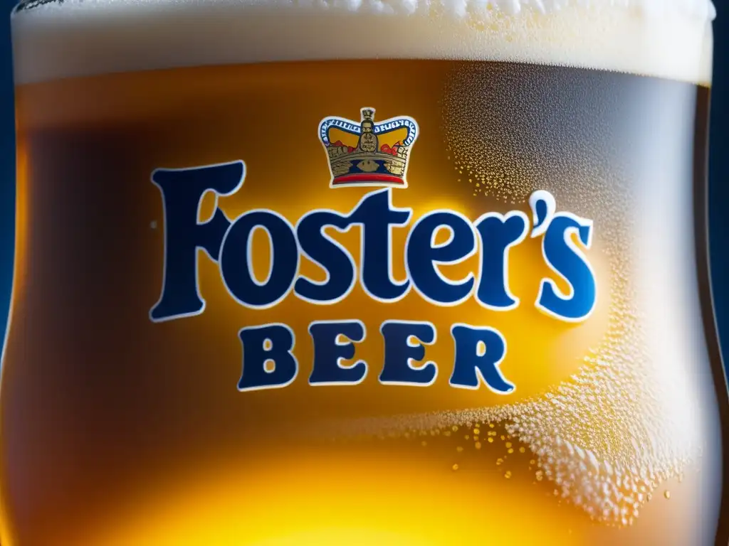 Cerveza Foster's: Imagen detallada de una pinta recién servida con espuma abundante y burbujas brillantes en un vaso con condensación