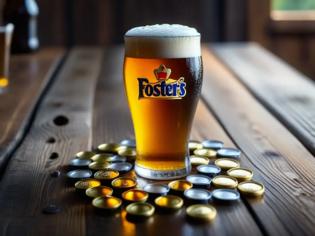 Imagen 8k de una cerveza Foster's en una mesa de madera rústica, rodeada de tapas de botella