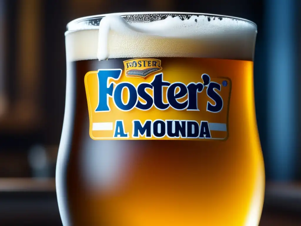 Foster's: Cerveza australiana con condensación brillante y burbujas efervescentes