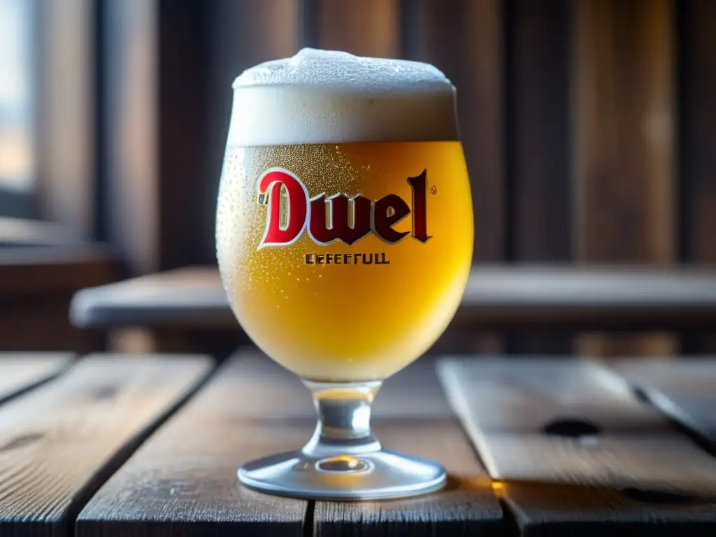 Vaso de cerveza Duvel dorada con burbujas, condensación y logo grabado en superficie