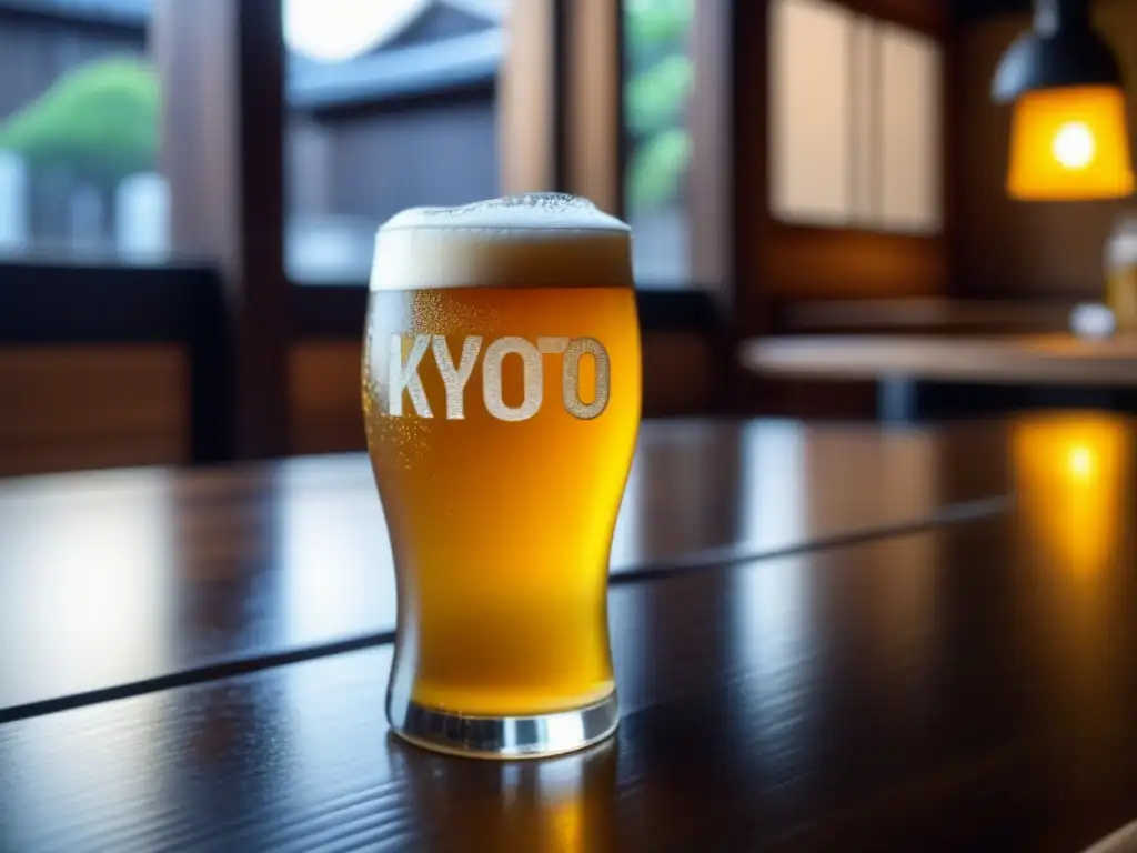 Cerveza artesanal de Kyoto en mesa de madera con aperitivos japoneses - Kyoto Craft Beer Festival