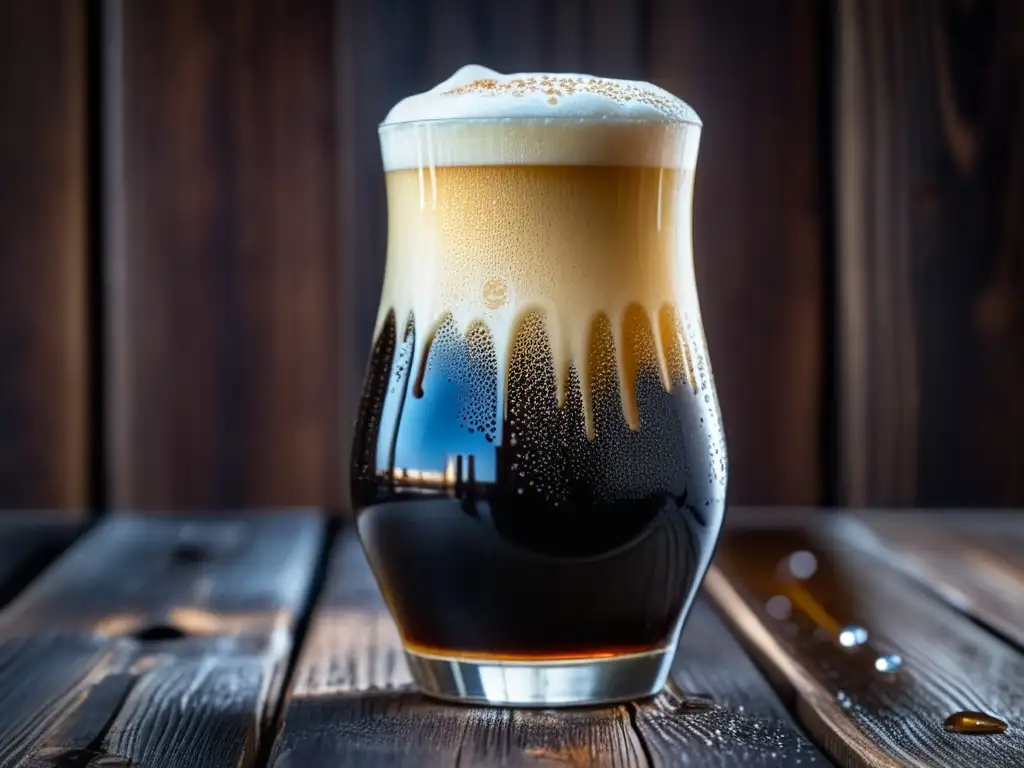 Imagen detallada de una cerveza Left Hand Milk Stout con espuma cremosa, dulce y sofisticada