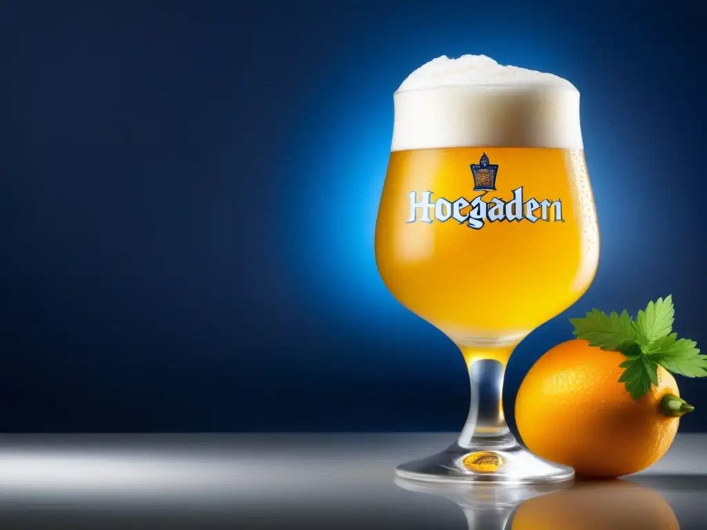 Cerveza Hoegaarden Witbier con detalles dorados, condensación refrescante y adornos vibrantes