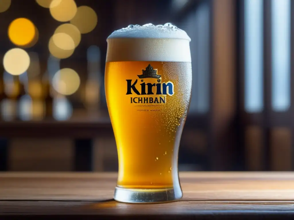 Detallada imagen de una cerveza Kirin Ichiban en vaso helado, resaltando la calidad premium y la artesanía distintiva