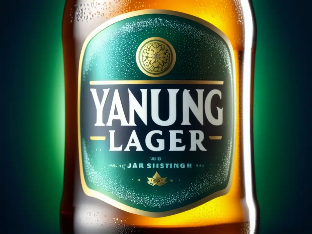 Cerveza Yanjing: frescura y sofisticación Botella de Yanjing Lager con condensación: textura suave, detalles intrincados y burbujas doradas