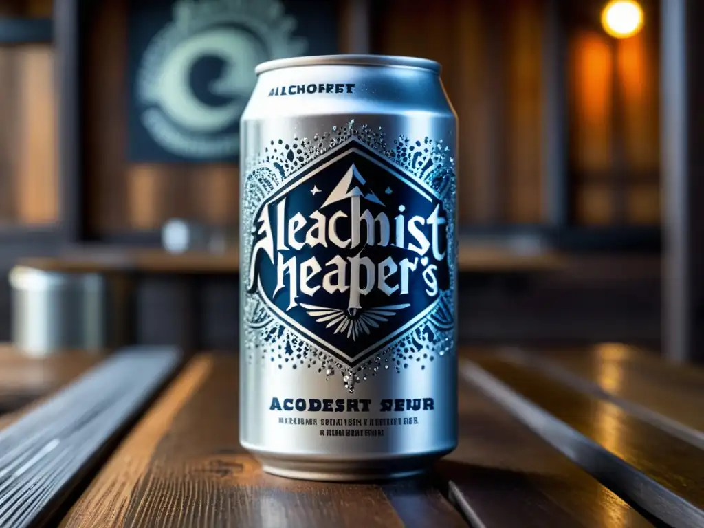 Imagen detallada de una lata cubierta de escarcha de The Alchemist's Heady Topper en una mesa de madera rústica