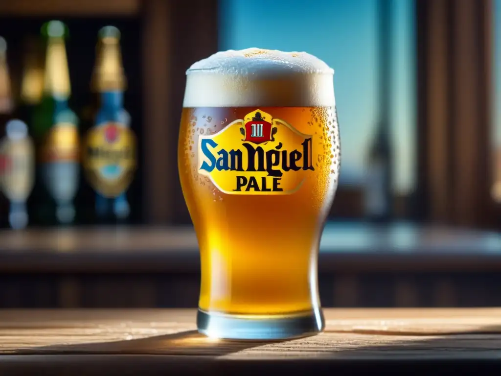 San Miguel Pale Pilsen: Cerveza dorada y refrescante en vaso de vidrio con burbujas y condensación