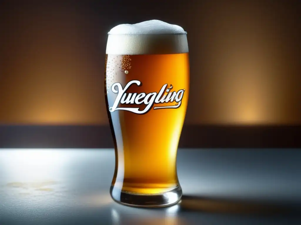 Cerveza ámbar Yuengling Traditional Lager en vaso elegante con condensación