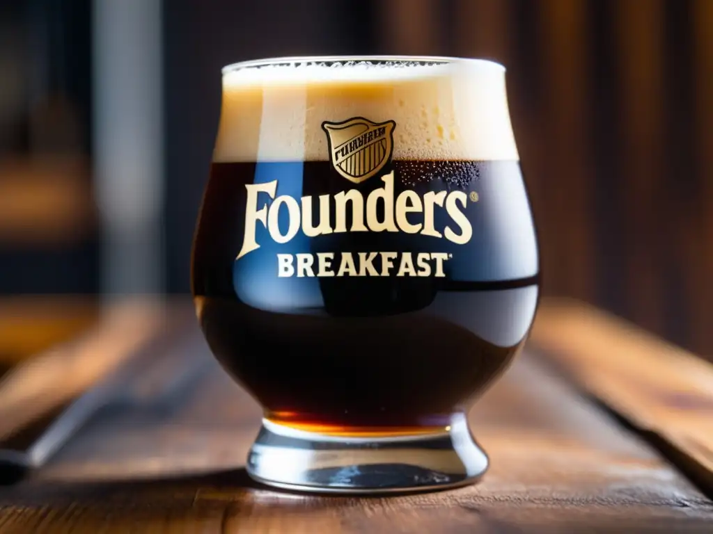 Cerveza artesanal Founders Breakfast Stout con espuma cremosa y color oscuro en copa, sobre mesa de madera rustica - Coffee Stout