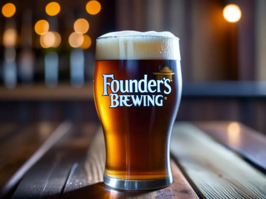 Cerveza Founders Brewing Co: copa llena, tono ámbar, espuma cremosa, detalles condensación, burbujas carbonatación, mesa de madera rústica