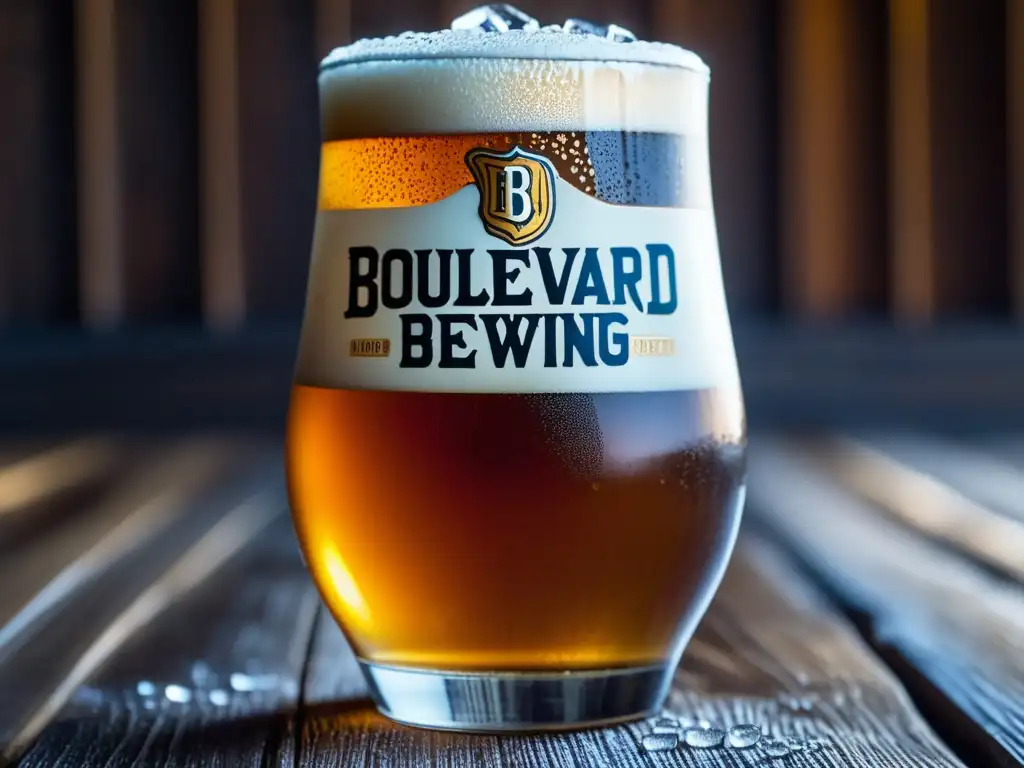 Cerveza artesanal de Boulevard Brewing Company en vaso frosty, rodeada de lúpulo y cebada