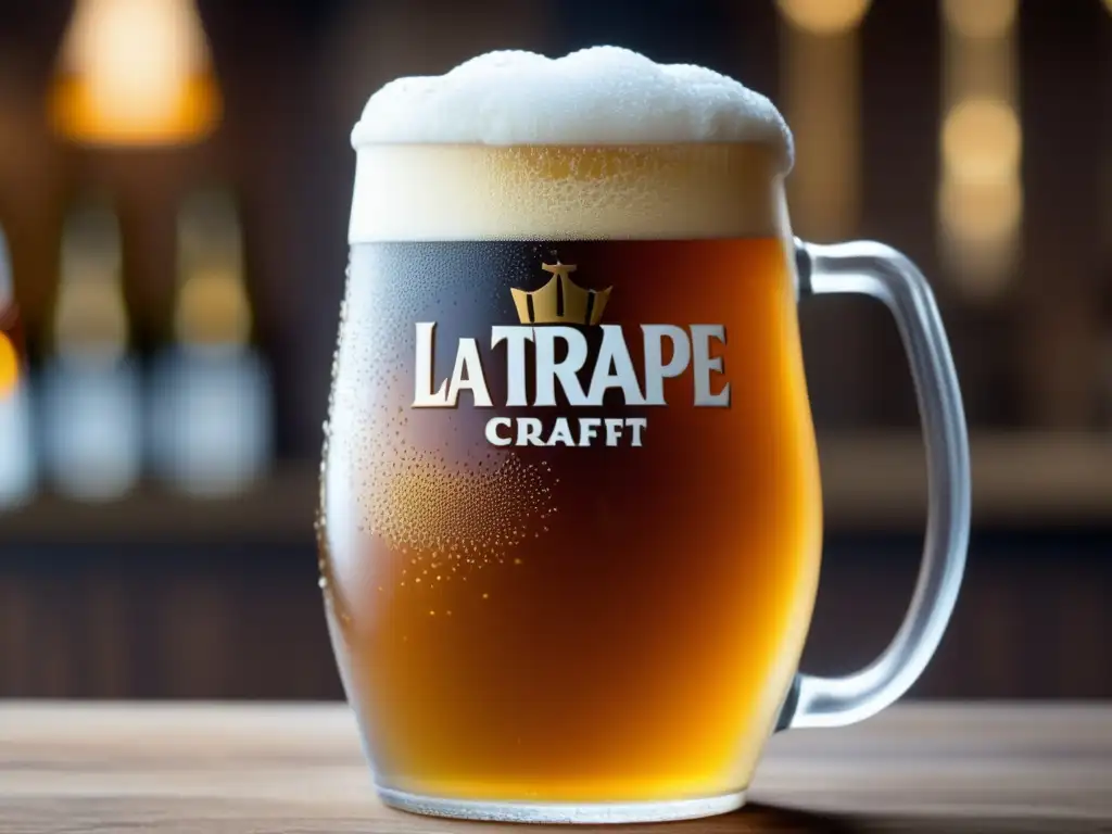 Cerveza artesanal La Trappe: Colaboraciones culinarias en un vaso dorado con espuma cremosa y detalles cautivadores