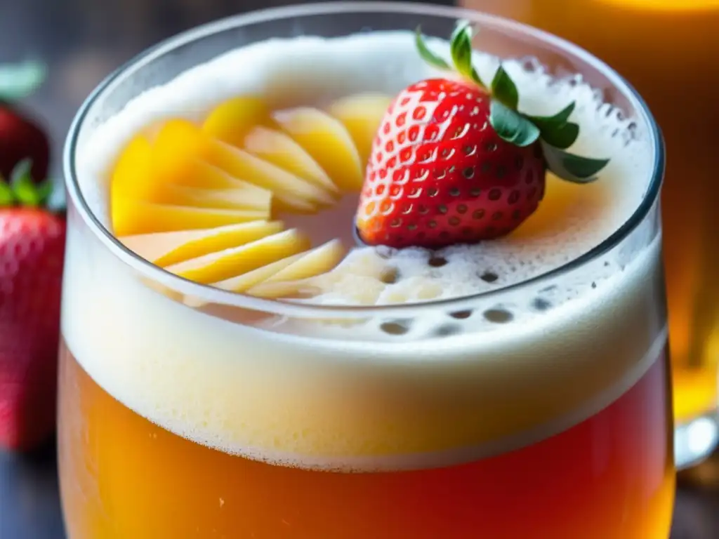 Cerveza frutal casera con burbujas doradas y frutas frescas -