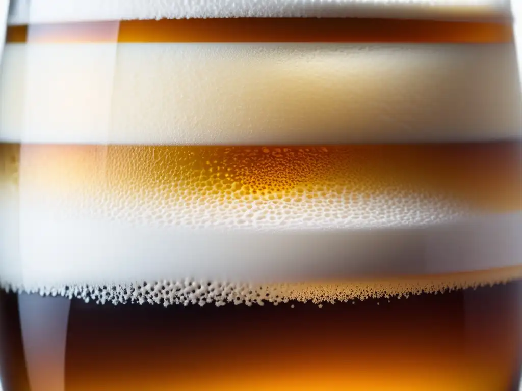 Detalle de una cerveza dorada con espuma blanca, carbonatación y fondo borroso