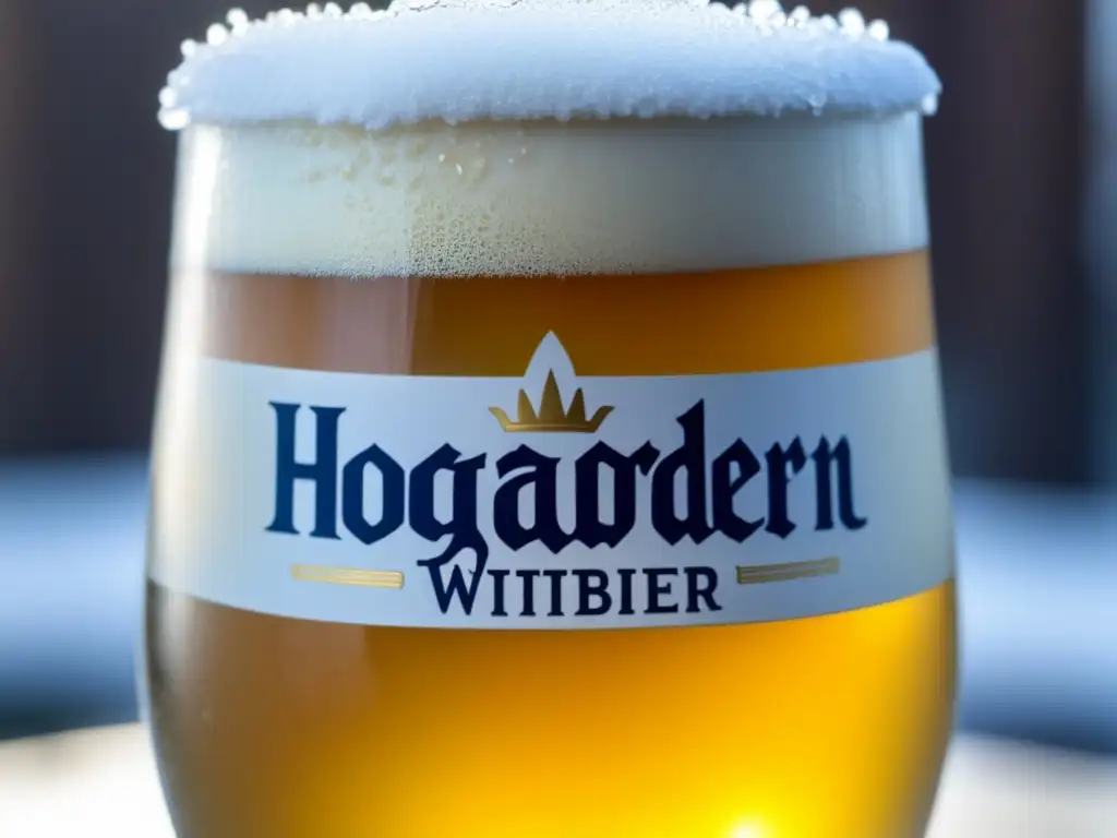 Vaso de Hoegaarden witbier recién servida, cubierto de escarcha, con color dorado pálido y apariencia turbia