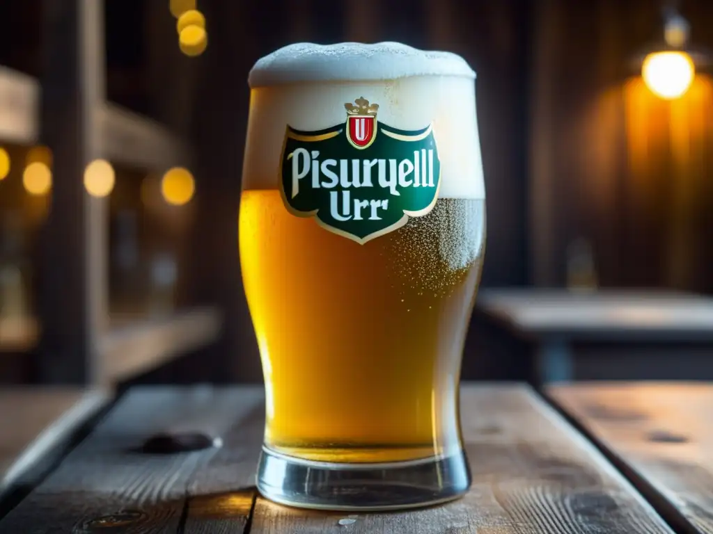 Una cerveza Pilsner dorada y refrescante en una mesa de madera rústica