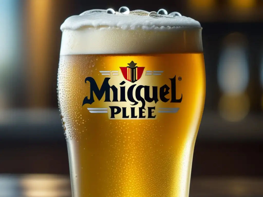 San Miguel Pale Pilsen: cerveza dorada y refrescante, con burbujas elegantes y textura aterciopelada