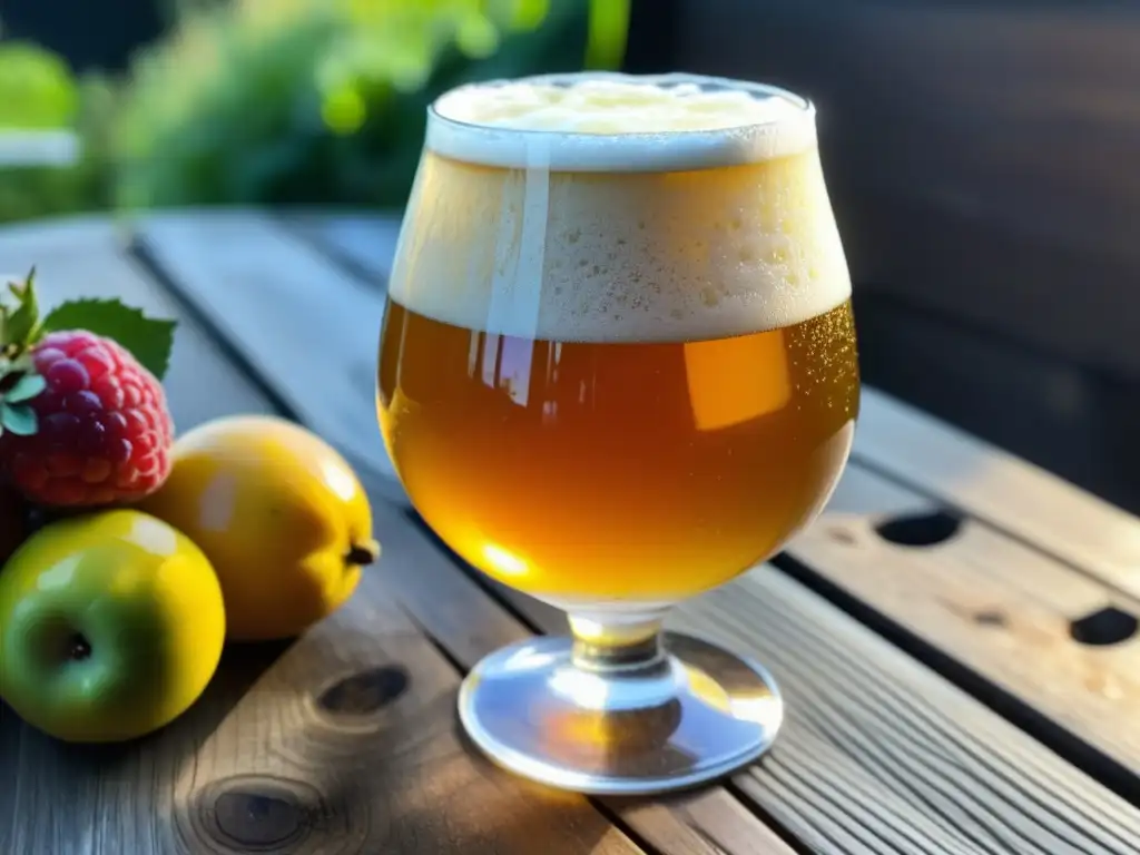 Detallada imagen de una copa de cerveza lambic rodeada de frutas frescas: lambic y frutas frescas