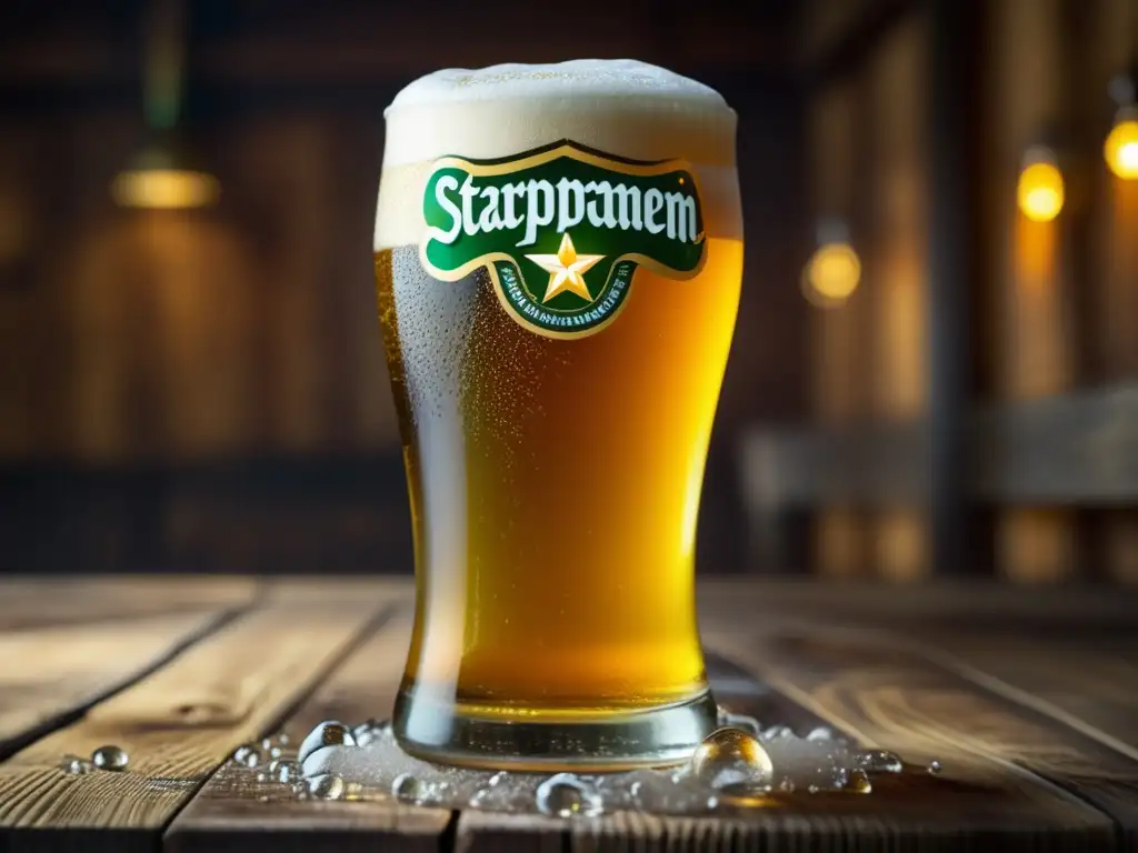 Staropramen Czech Lager: imagen 8k detallada de cerveza dorada con espuma cremosa en mesa de madera rústica, condensación y burbujas carbonatadas