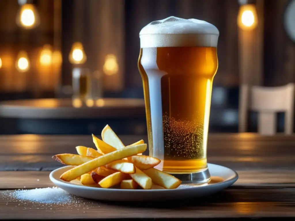 Imagen de lager dorada con papas fritas doradas y crujientes - Lagers y Aperitivos Salados