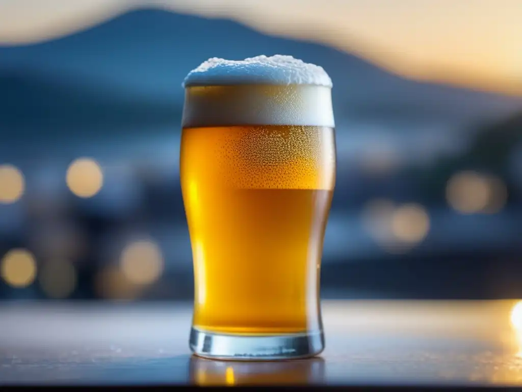 Una refrescante cerveza Jeju dorada en vaso gélido, con burbujas y condensación, de aspecto tentador y colores vibrantes