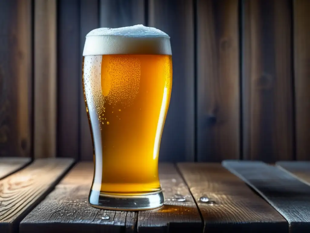 Exquisita imagen de una cerveza Lager dorada en un vaso helado, con condensación y burbujas