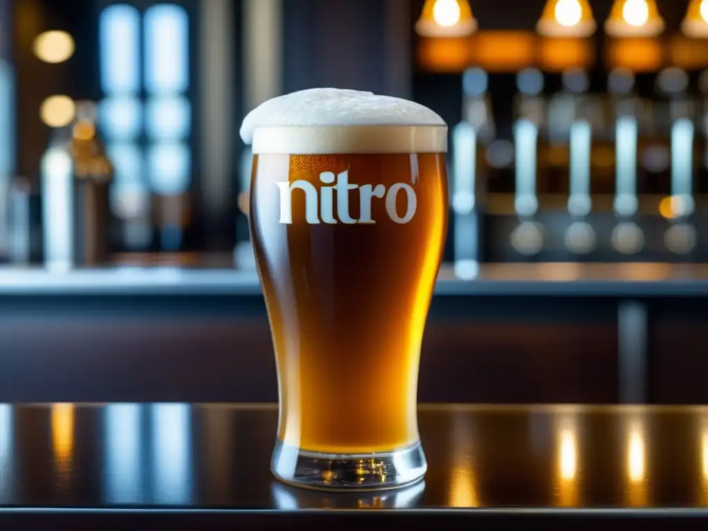 Cerveza Nitro: Vaso de cerveza de caramelo con espuma cremosa y burbujas ascendentes, realzado por el efecto cascada de la infusión de nitrógeno