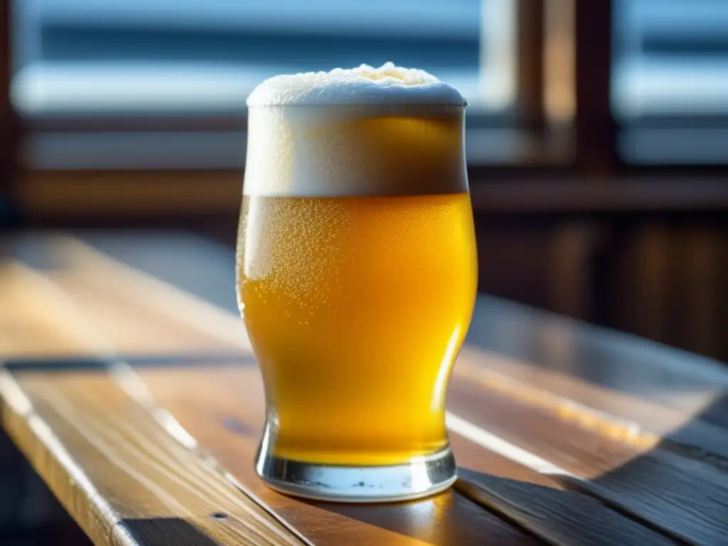 Witbier refrescante en vaso helado sobre mesa de madera