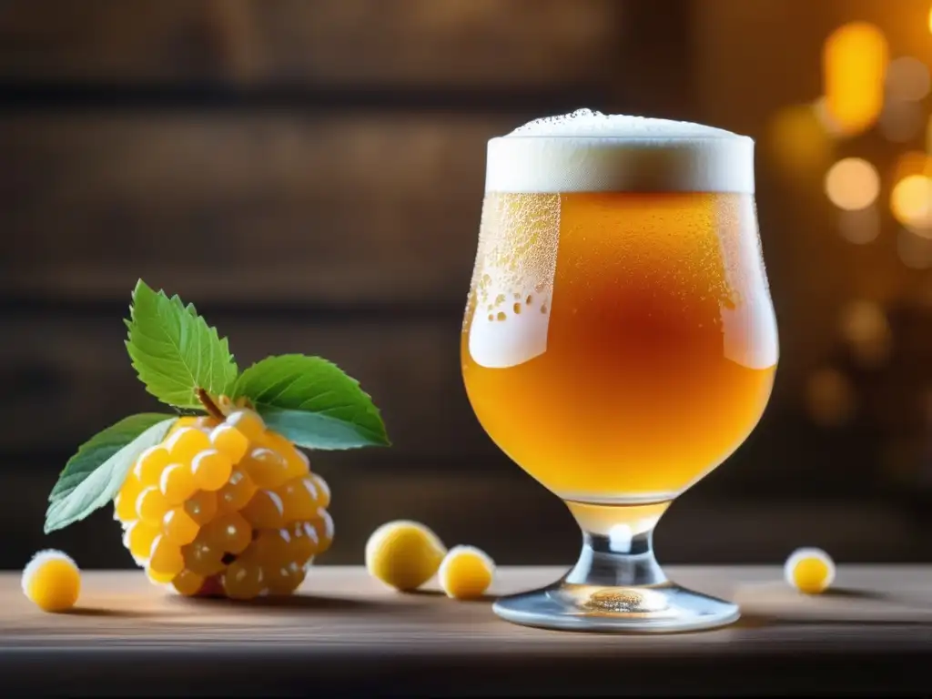 Cerveza frutal casera con espuma cremosa y frutas frescas coloridas