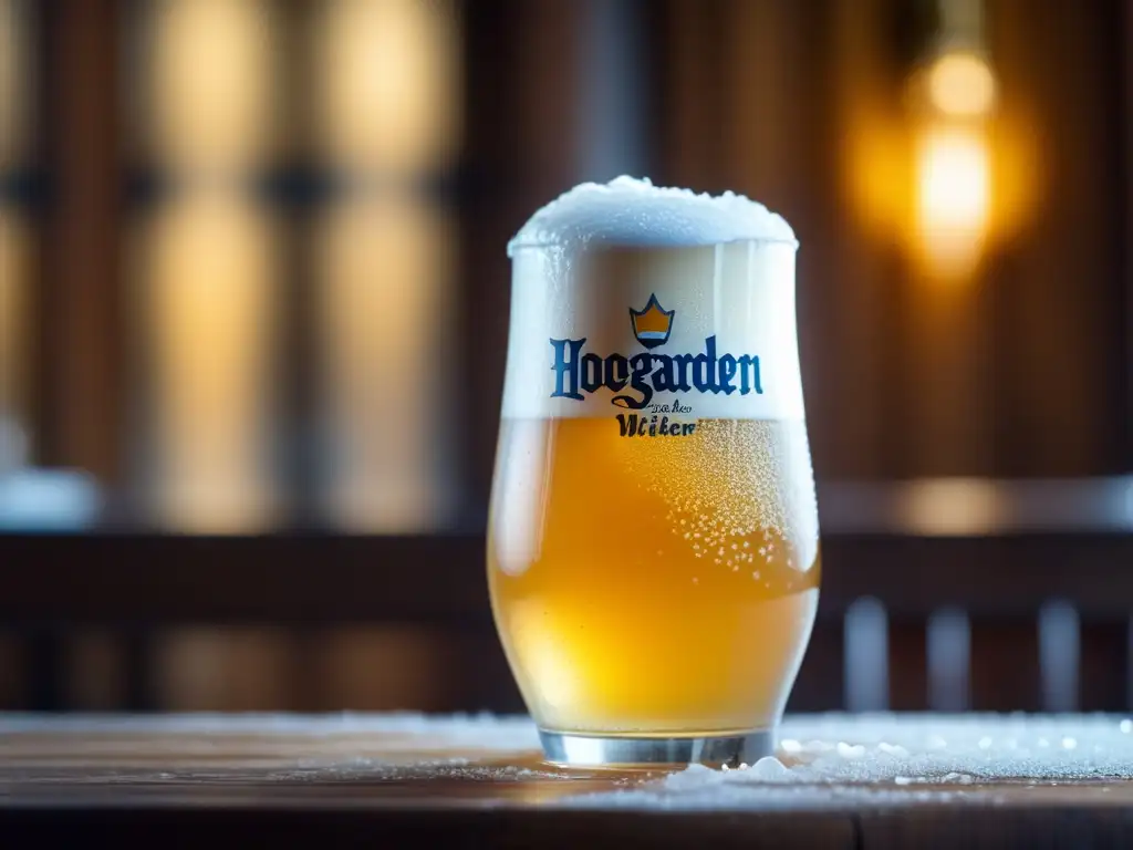 Un refrescante vaso dorado de Hoegaarden witbier, con burbujas y espuma perfectamente formadas