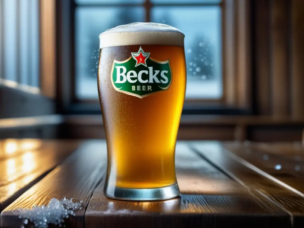 Cerveza Becks en vaso helado con condensación y burbujas