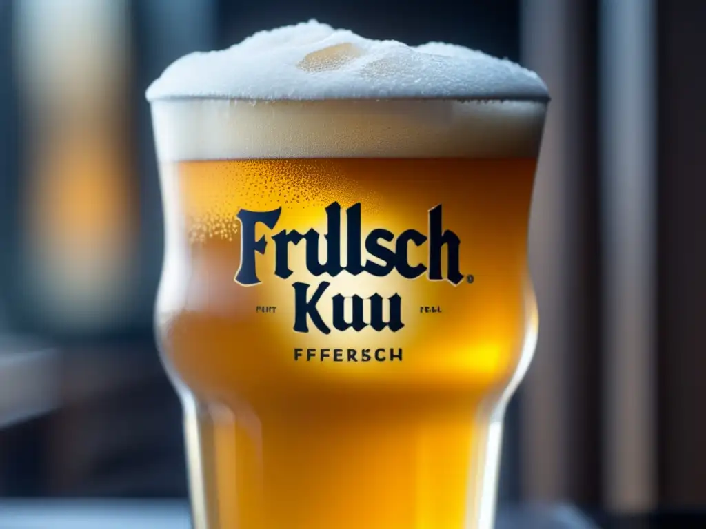 Cerveza Früh Kölsch dorada en vaso con burbujas y claridad, resaltando su frescura y elegancia