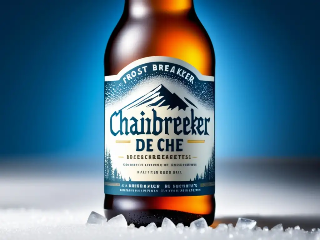 Frostcovered bottle of Chainbreaker de Deschutes, showcasing the refreshing White IPA with intricate design and icy details