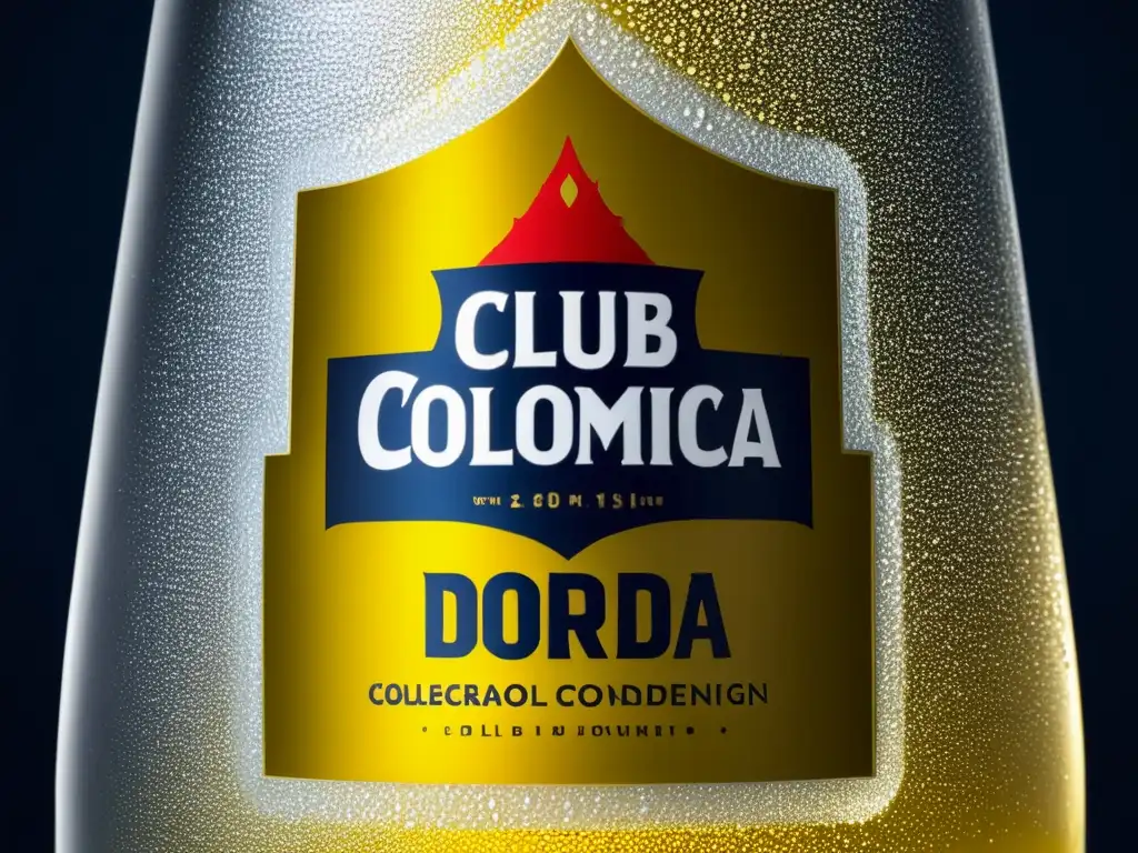 Botella de Club Colombia Dorada, con escarcha y condensación, resalta la textura, detalles, agua refleja luz, logo dorado simboliza tradición, Lager