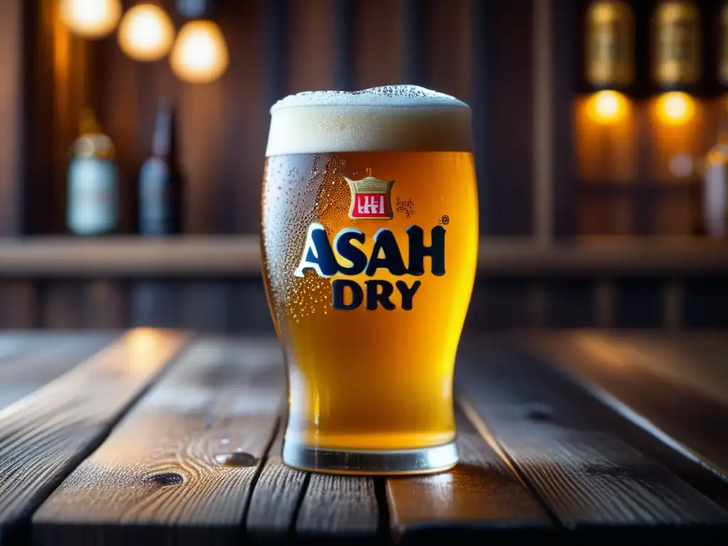 Cerveza Asahi Super Dry en vaso de cristal helado -