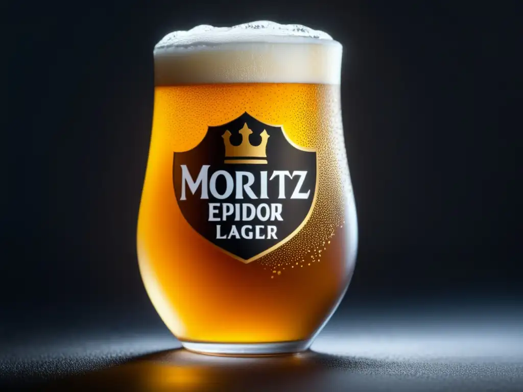 Frosted glass filled with Moritz Epidor Lager, showcasing rich amber hue, refreshing chill, and delicate foam crown