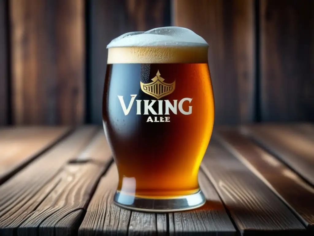 Detalles de cerveza vikinga: mesa rústica, vidrio de ámbar, condensación, detalles grabados, símbolos vikingos, maldición, barco vikingo (110 caracteres)