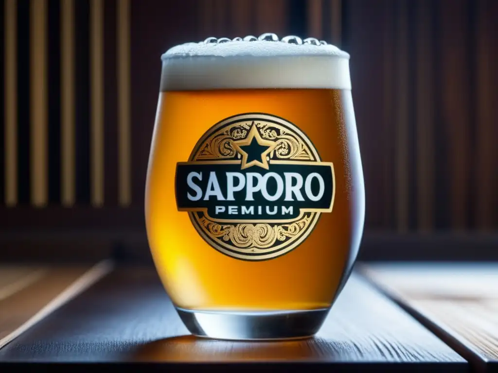 Un vaso de cerveza Sapporo Premium Beer con burbujas y gotas, sobre una mesa de madera con elementos japoneses