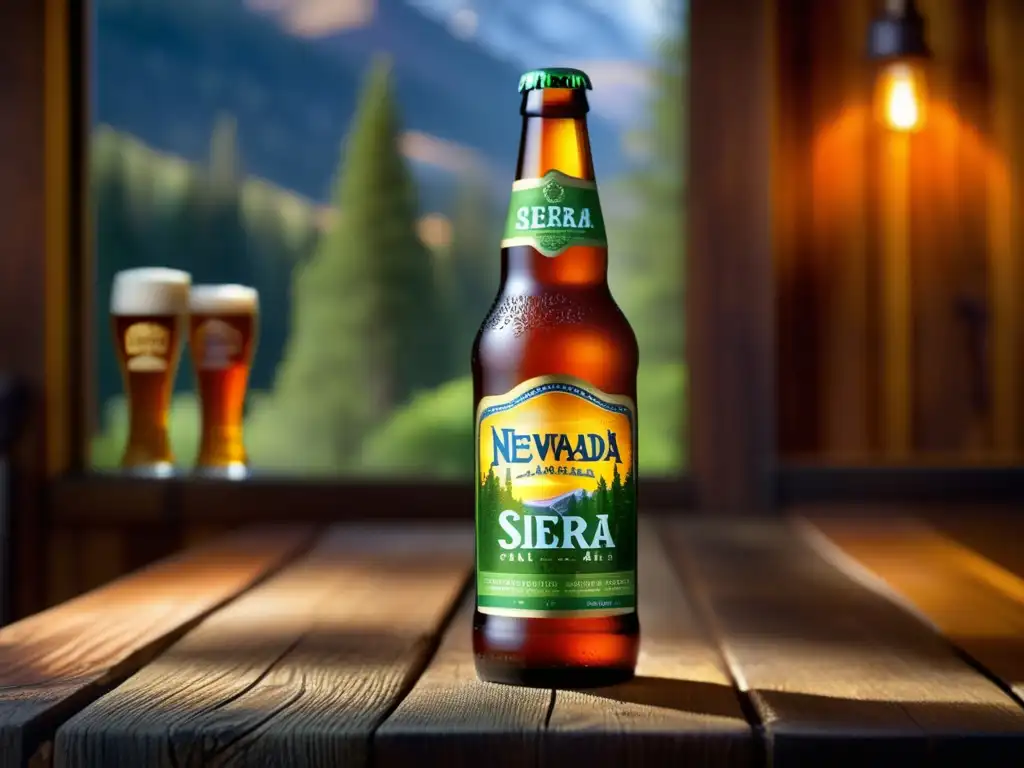 Una imagen detallada de una botella de Sierra Nevada Pale Ale en una mesa de madera, con condensación y luz suave reflejada