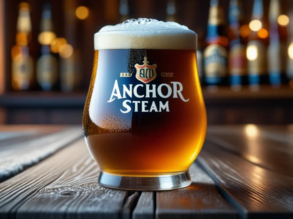 Una imagen en 8k muestra una cerveza Anchor Steam en un vaso de vidrio helado, resaltando la visión de Fritz Maytag en la industria cervecera