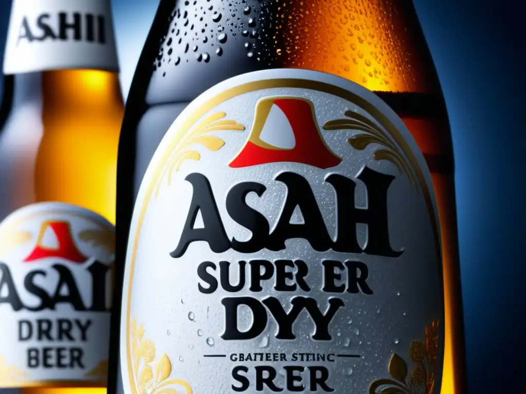 Botella de Asahi Super Dry: nitidez, condensación, elegancia, claridad, logo icónico, frescura